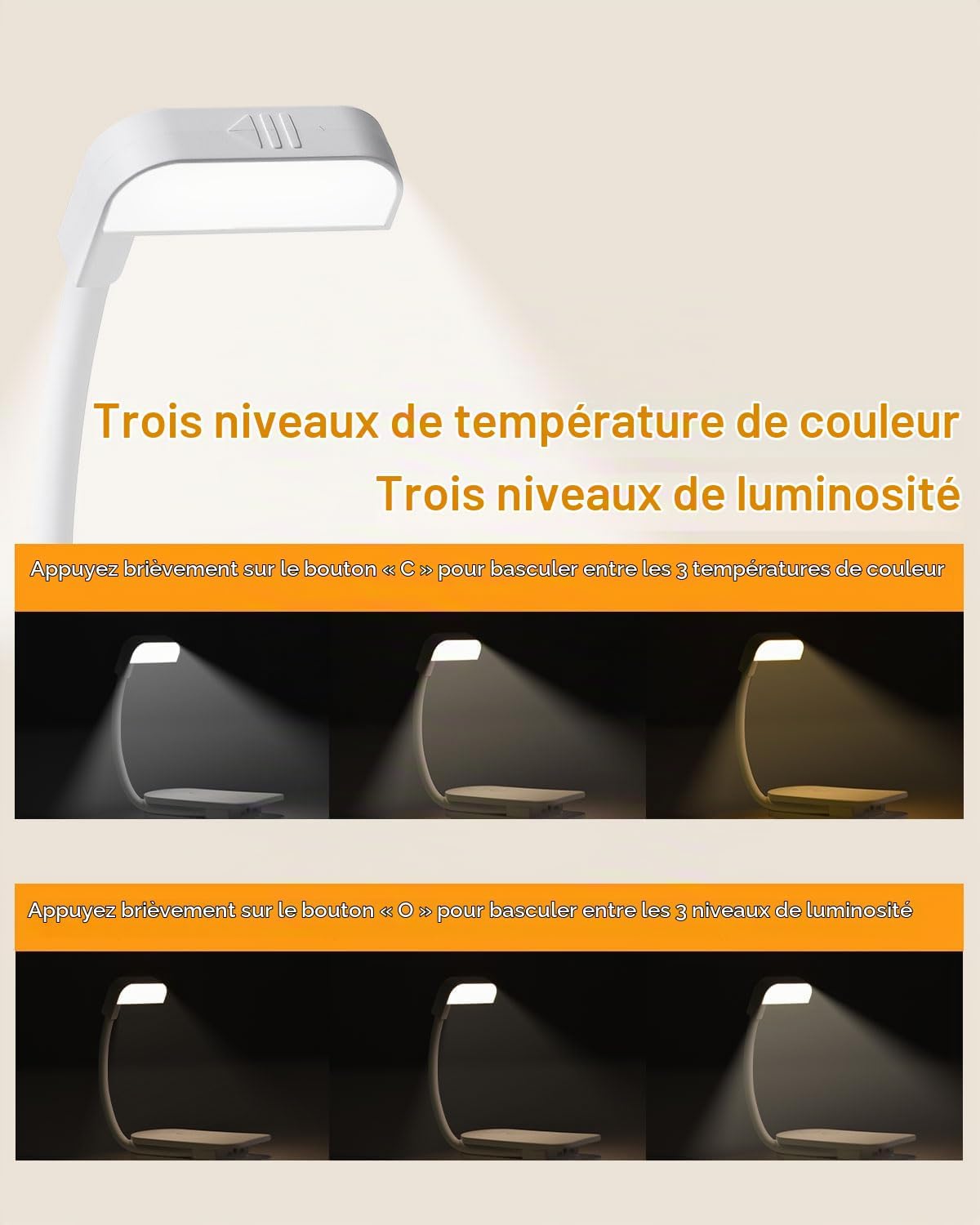 Detalle 2 de AdalyRoma F26 klemlamp als leeslamp met 9 leds en 3 lichtkleuren