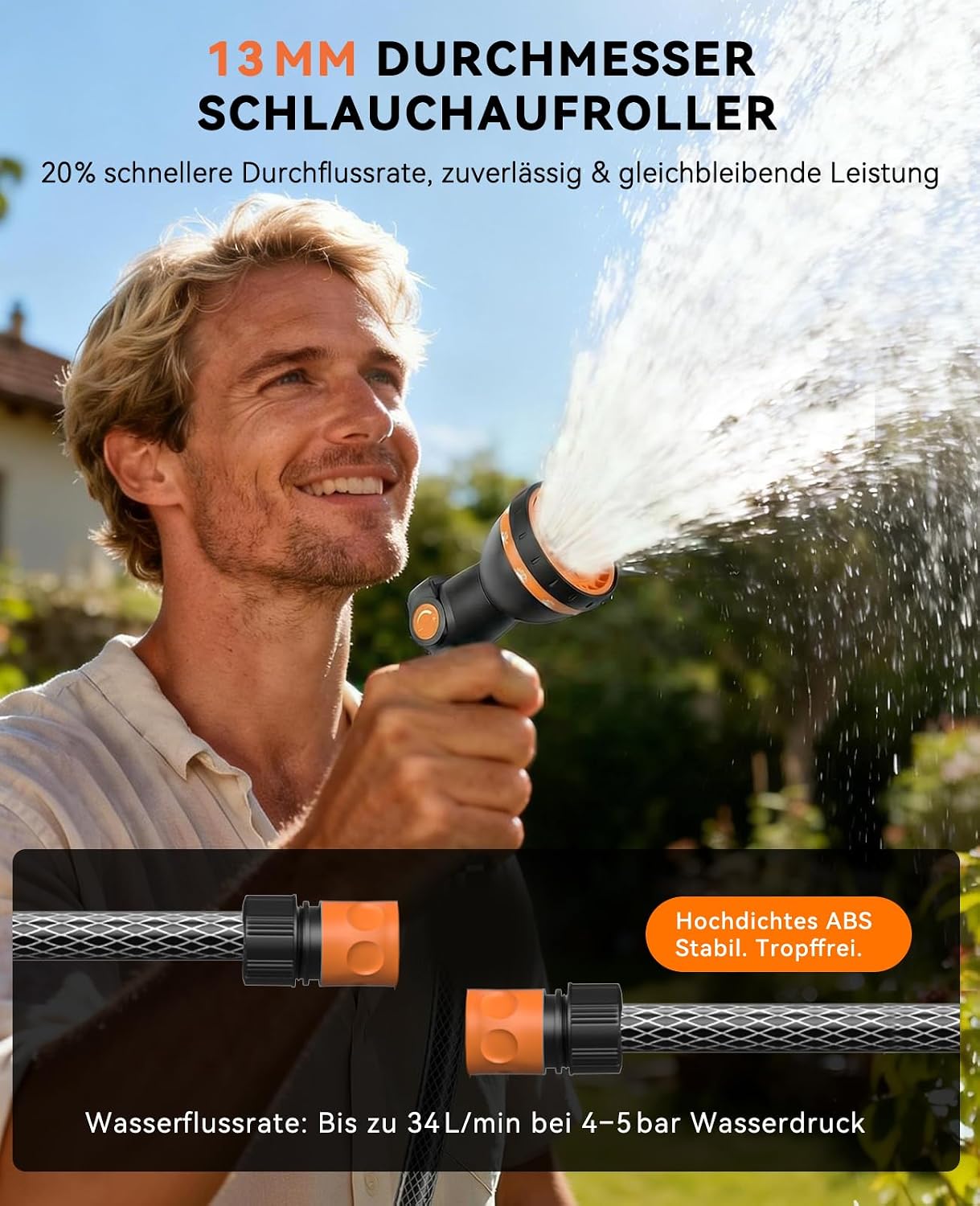 Detalle de SUNPOW Wand-Schlauchbox RollUp 35 m – Schlauchtrommel mit 10-fach Sprühdüse, 180° schwenkbar & Auto-Rewind