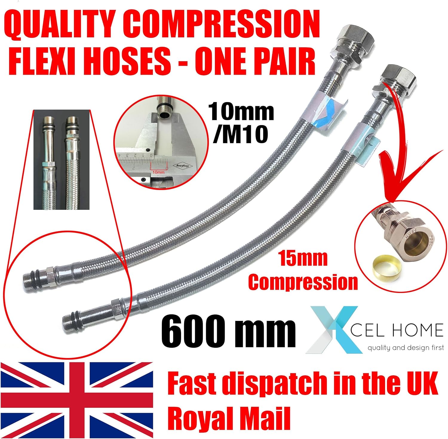 Thumbnail 6 de Xcel Home M10 x 15mm Compression Flexible Tap Connectors (600mm) – Pair