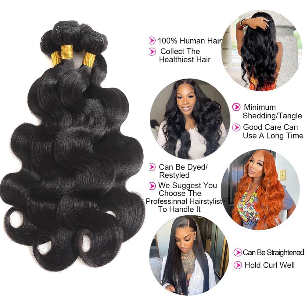 Thumbnail 1 de 12A Body Wave Human Hair 4 Bundles (18/20/22/24 Inch) 100% Remy Virgin Hair Weave Extensions – Natural Black