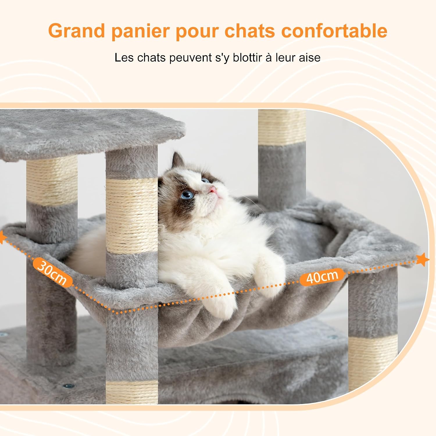 Detalle de Heybly Arbre à chat HCT008SW gris clair avec très grand panier et plateformes pour matou