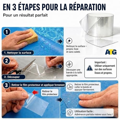 Detalle de ATG Kit réparation piscine sous l’eau – ruban étanche transparent 10×150 cm pour liner et surfaces lisses