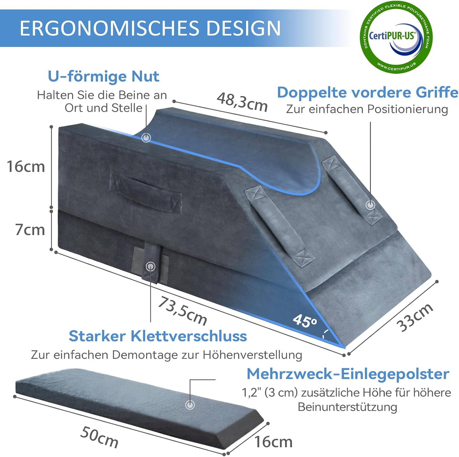 Detalle de KingPavonini 4-stufig höhenverstellbares Venenkissen aus Memoryschaum mit 3 Griffen