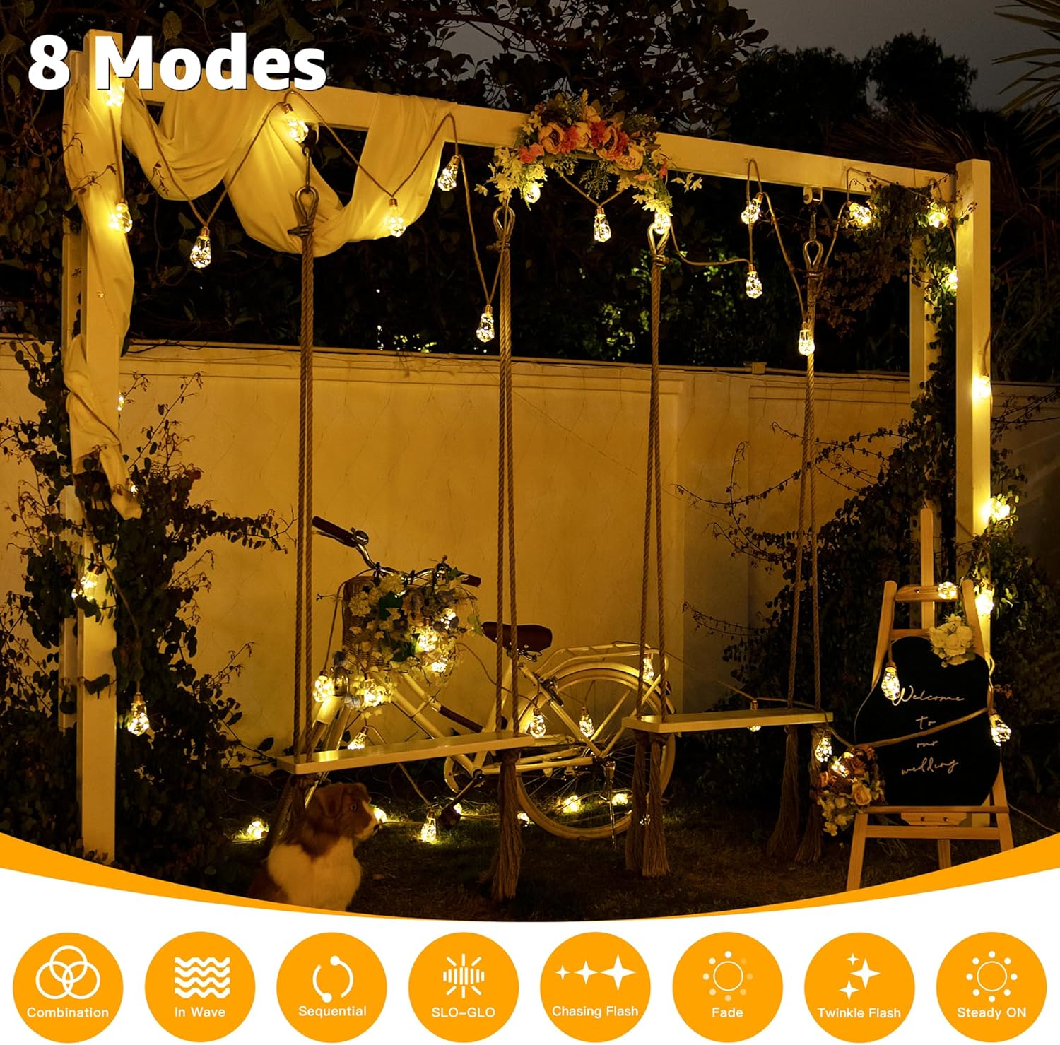 Thumbnail 6 de Ollny Solar Hemp Rope Festoon Lights (6m) with Remote, 16 Shatterproof S17 Bulbs, 160 LEDs, 8 Modes