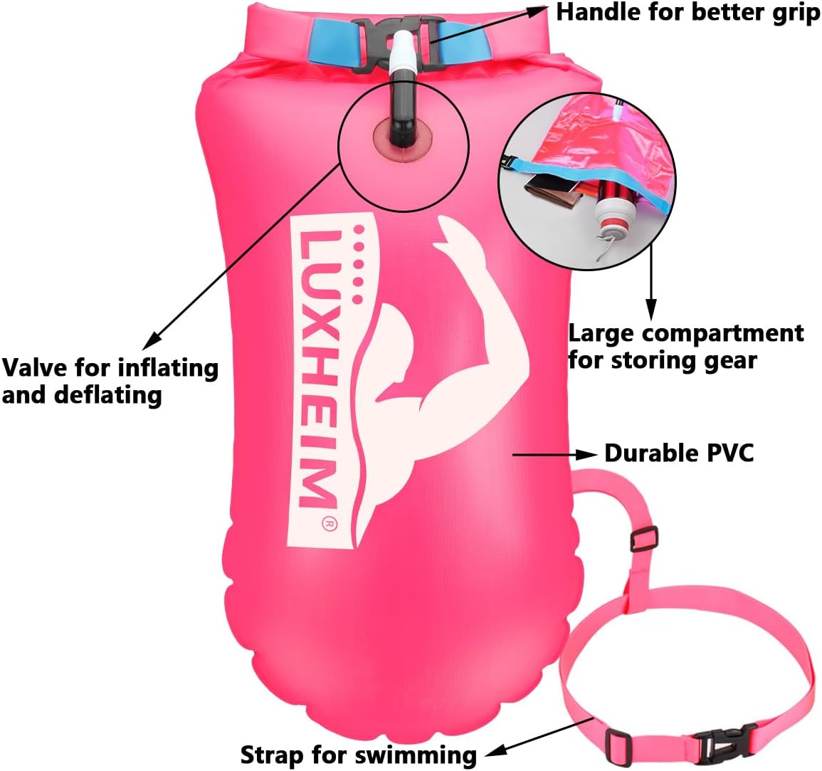 Detalle de LUXHEIM 2er Pack Schwimmboje Schleppschwimmer für Open Water – gut sichtbar, wasserdicht & trockenes Fach