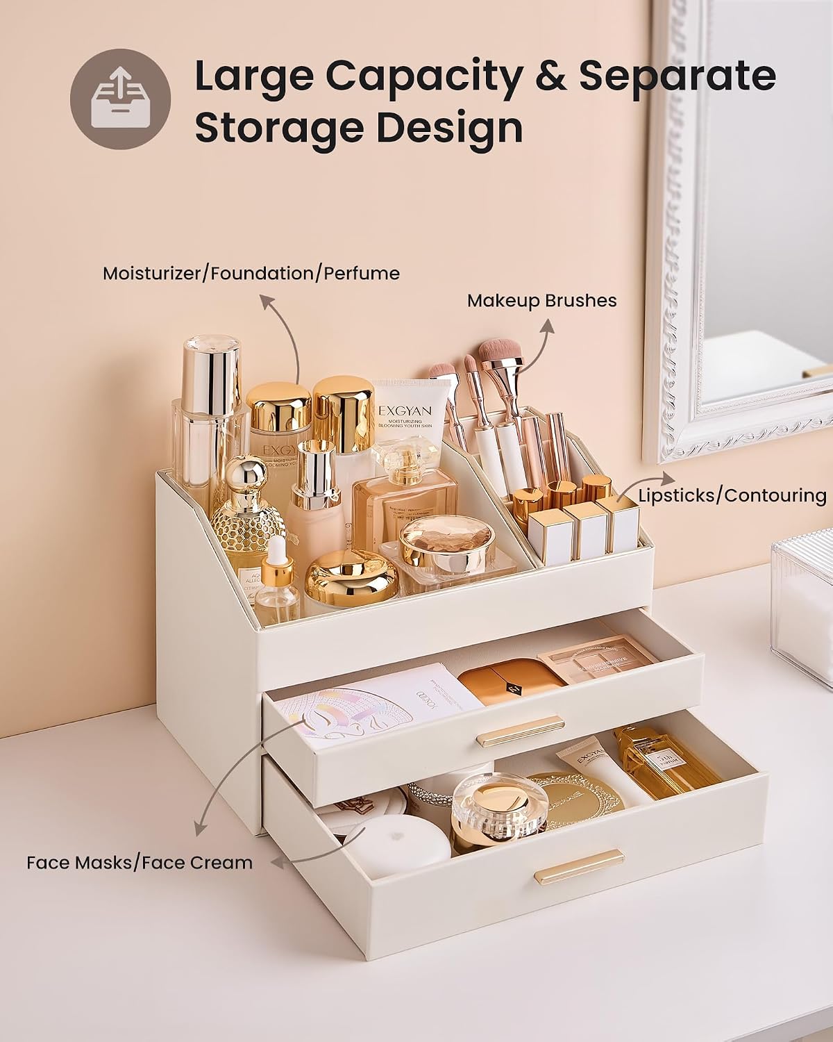 Thumbnail 2 de Lolalet 4-Layer PU Leather Makeup Organiser with Drawers for Vanity Desk (Cream)