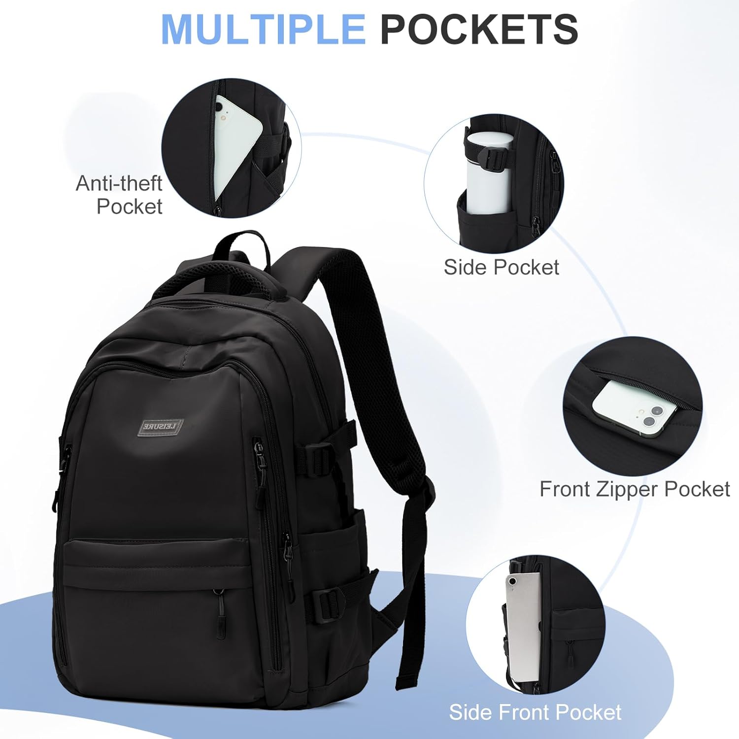 Thumbnail 6 de Schulrucksack 14 Zoll – wasserdichter Daypack aus Nylon, unisex, Schwarz