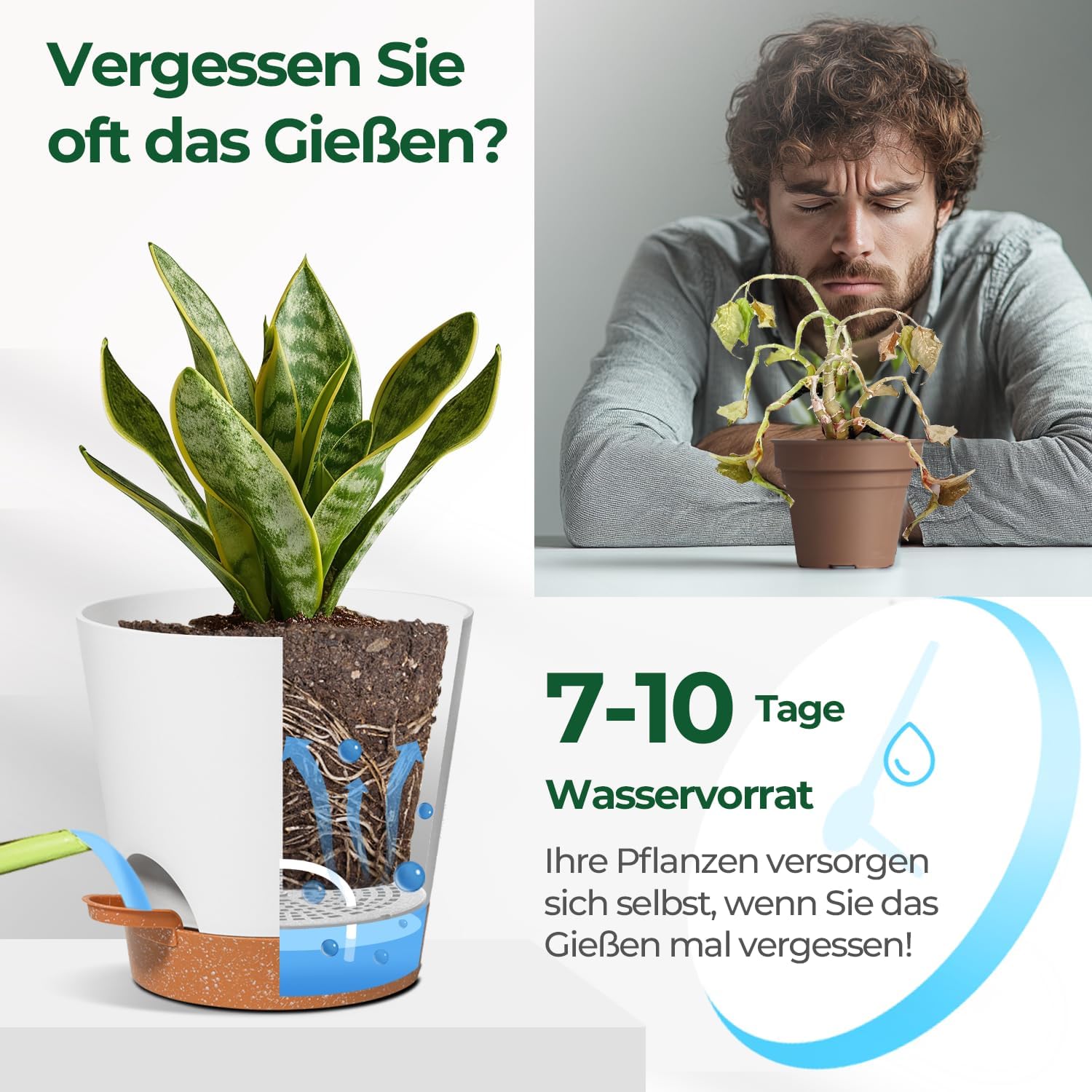 Thumbnail 3 de T4U 20cm Vasi autoirriganti Set di 3 in plastica bianca – Decorativi, da interno e outdoor