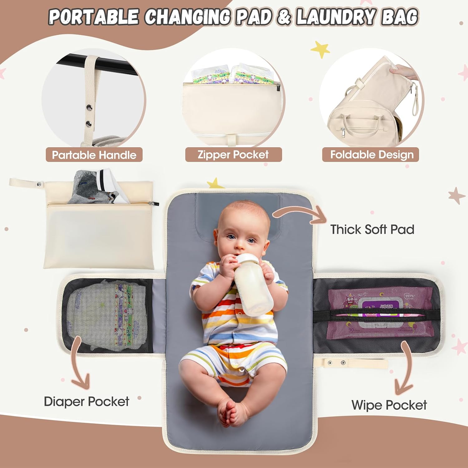 Thumbnail 3 de RAINSMORE Wickelrucksack für Babys: Baby-Wickeltasche mit Wickelunterlage, Windelwäschesack & isolierten Flaschentaschen (Aprikose)