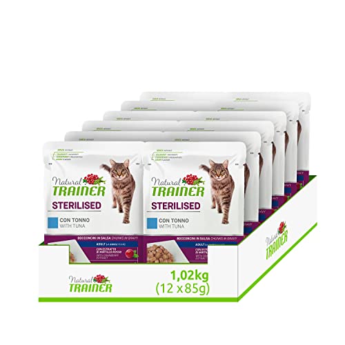 Detalle de Natural Trainer Sterilised Adult Cibo Umido per Gatti con Tonno e Fibra di Pisello, 12 buste x 85 g (1020 g)