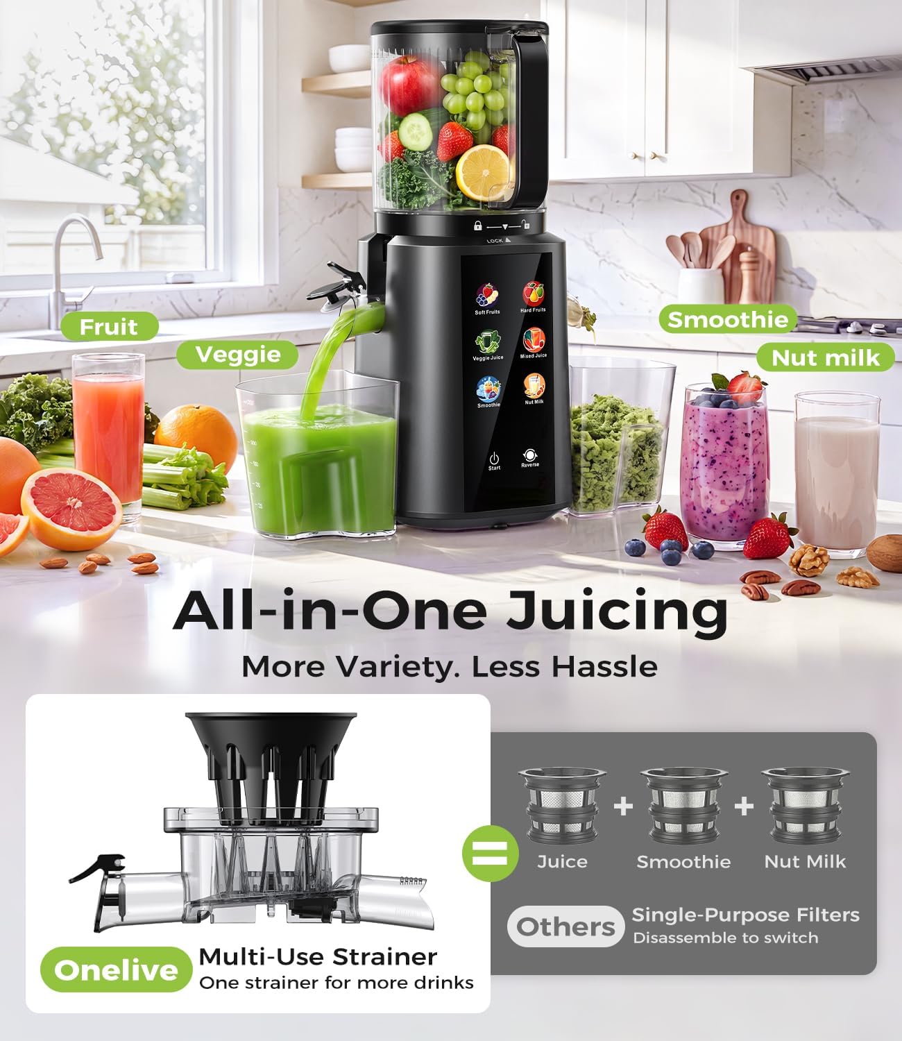 Detalle 1 de ONELIVE JB-M12 Cold Press Juicer, 6.5-Inch Chute, 3 L Hopper