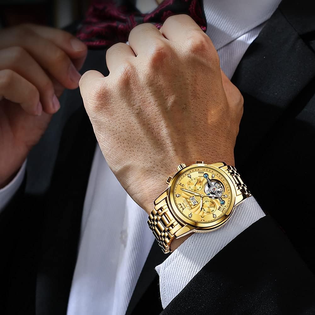Detalle de OUPINKE Herrenautomatik Skelett-Tourbillon Armbanduhr mit Diamanten, wasserdicht bis 30 m und Leuchtzeigern
