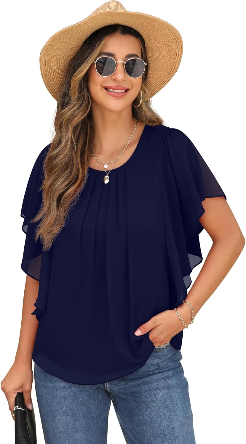 Detalle de QIXING Chiffon Kurzarmbluse Damen mit Batwing-Ärmeln – Sommertunika mit Rundhalsausschnitt