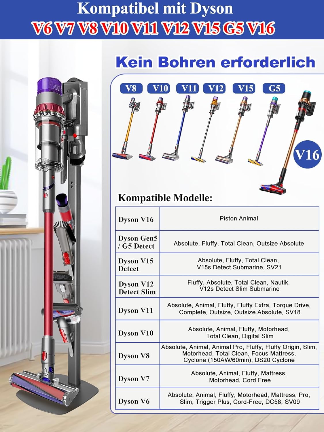Detalle de JUPELI Staubsauger Ständer für Dyson V16/Gen5/V15/V12/V11/V10/V8/V7/V6 – metallisch, bohrfrei mit 4 Haken