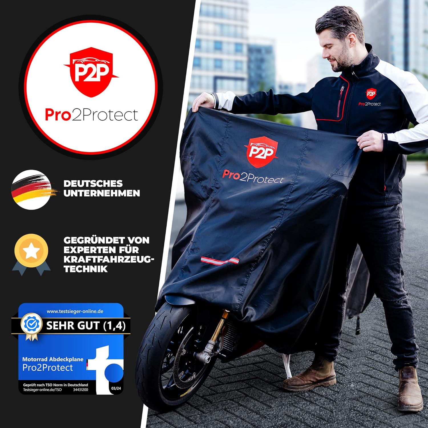 Thumbnail 6 de Pro2Protect Motorrad Abdeckplane Schwarz Rot – universell, wasserdicht, 245x105x125 cm