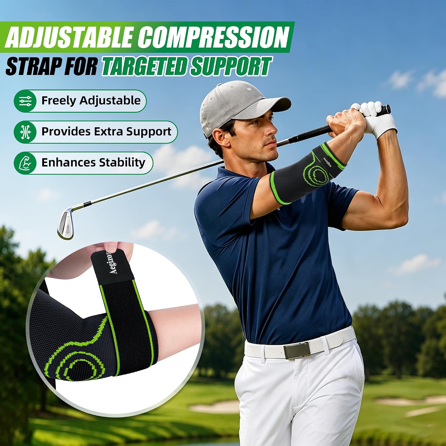 Thumbnail 3 de Aegizon ElbowB-E13-S-BlackGreen Elbow Brace, Size S, Adjustable Nylon Support