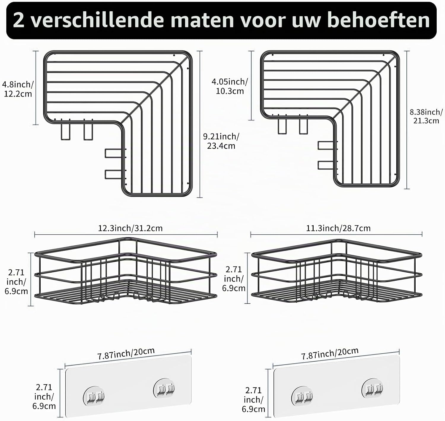 Thumbnail 2 de Menbyci hoekdouchecaddy, 2-delig met 8 haken van 304 roestvrij staal