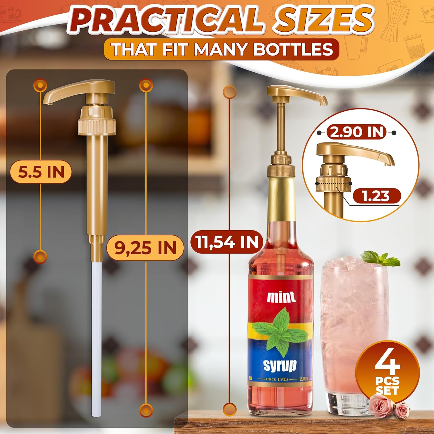 Thumbnail 2 de 4-Piece Coffee Syrup Pump Dispensers (Skinny/Torani Style) for 25.4 oz Bottles