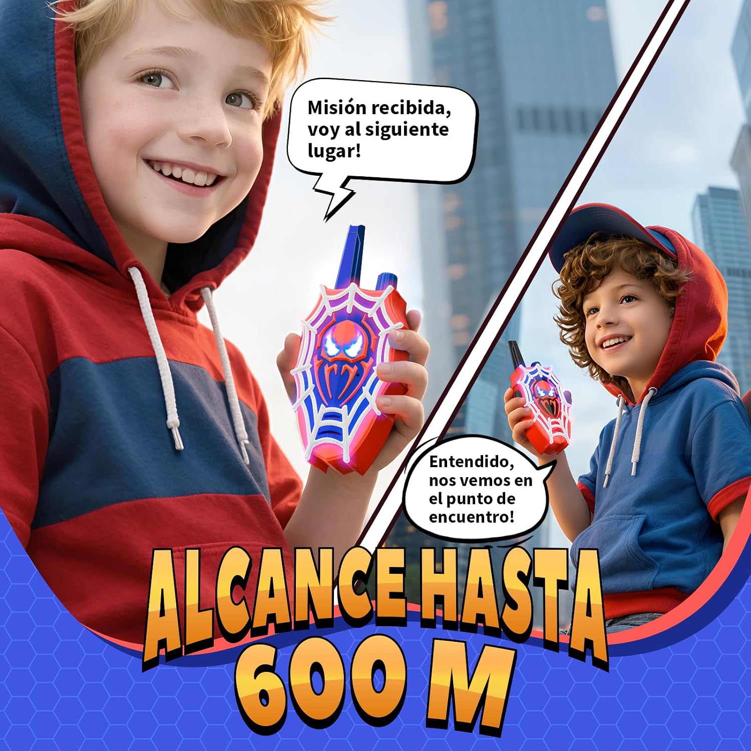 Detalle 2 de Mirthigig Walkie Talkies para niños con luces rojas/azules y ojos intermitentes (pack de 2) hasta 600 m
