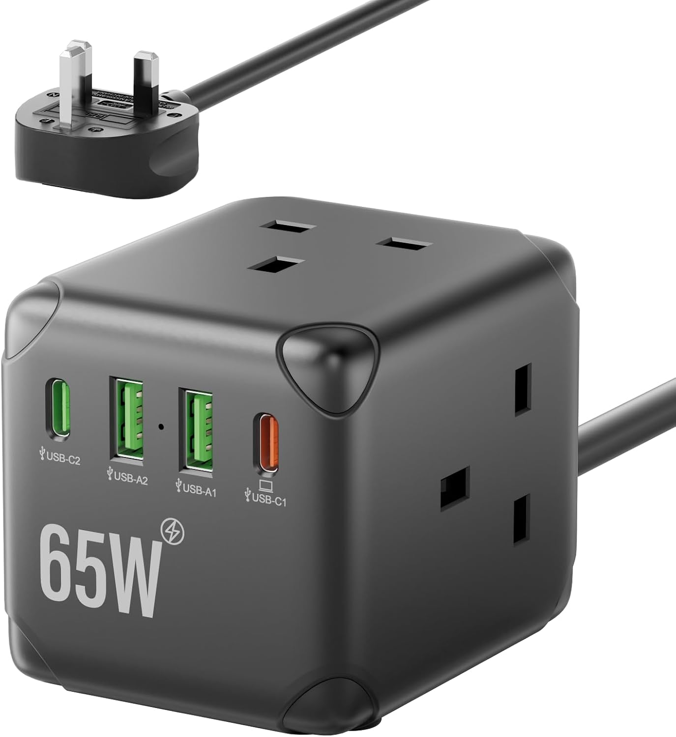 Detalle de Cube Extension Lead with USB C PD65W 3 Way Power Strip ⚡