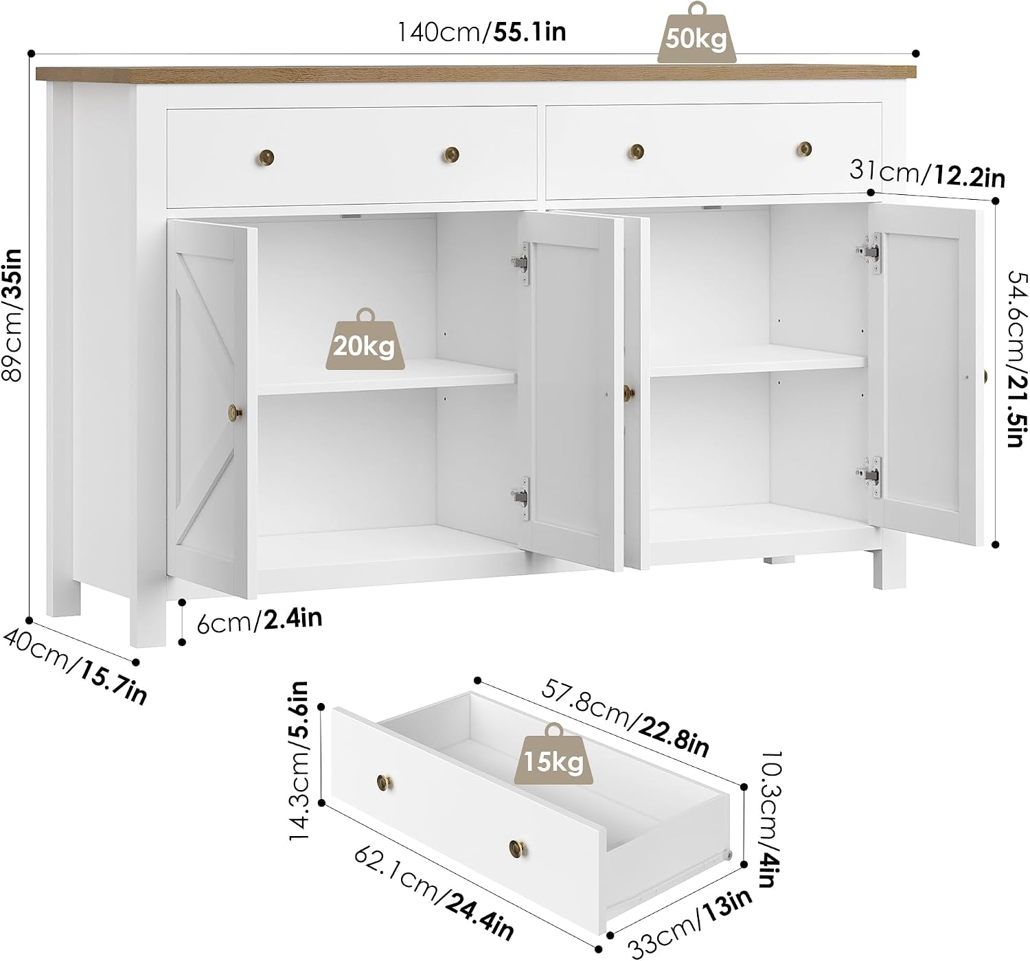 Detalle de FirFurd P262 140cm Sideboard, White with 2 Drawers, 4 Doors and Adjustable Shelves