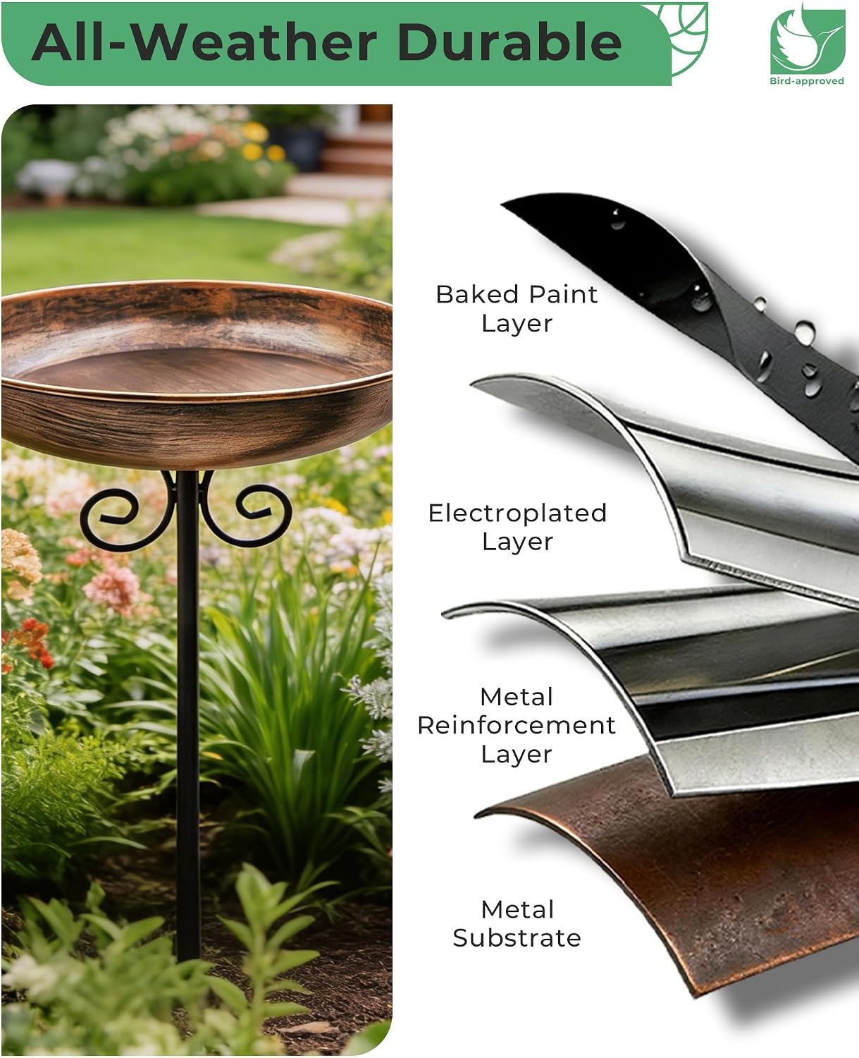 Detalle 1 de OUISJYER 1 10-Inch Metal Bird Bath with 5-Prong Stake, Adjustable Height