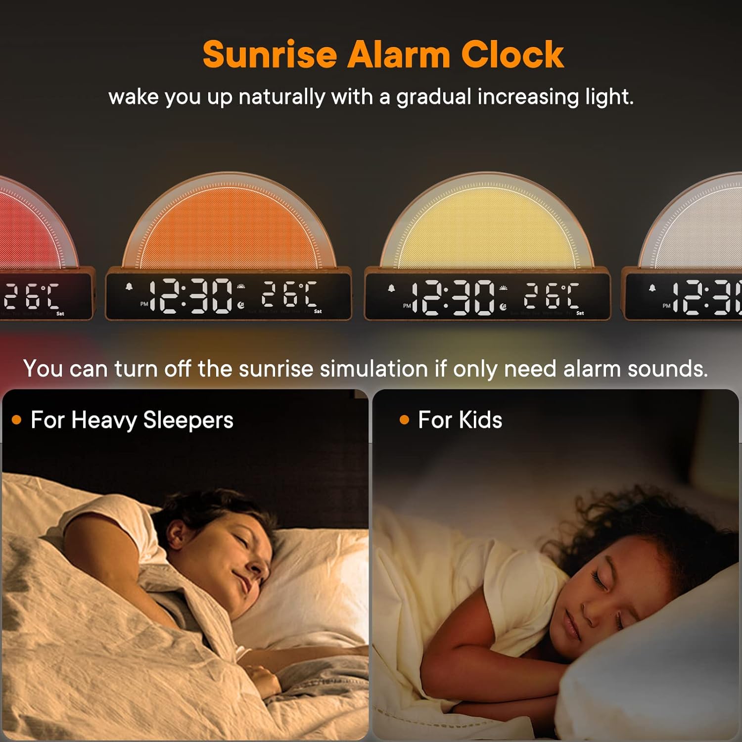 Detalle de Réveil lumineux avec simulation de lever du soleil, lampe à 7 couleurs et mode sommeil (snooze, 6 sonneries, 10 sons)