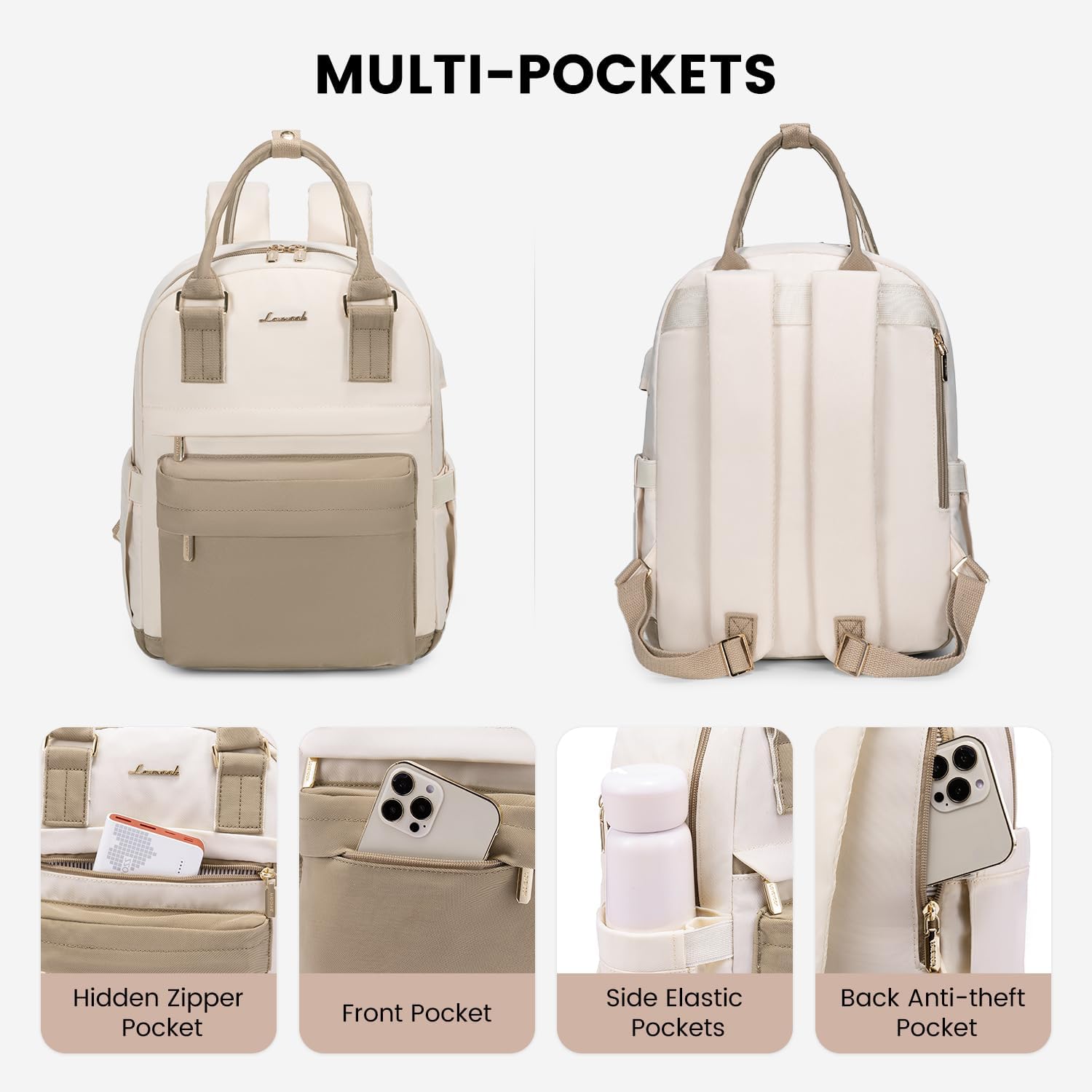 Detalle de LOVEVOOK Zaino da donna impermeabile 2 in 1 con porta USB – verde/beige, 13,3 pollici