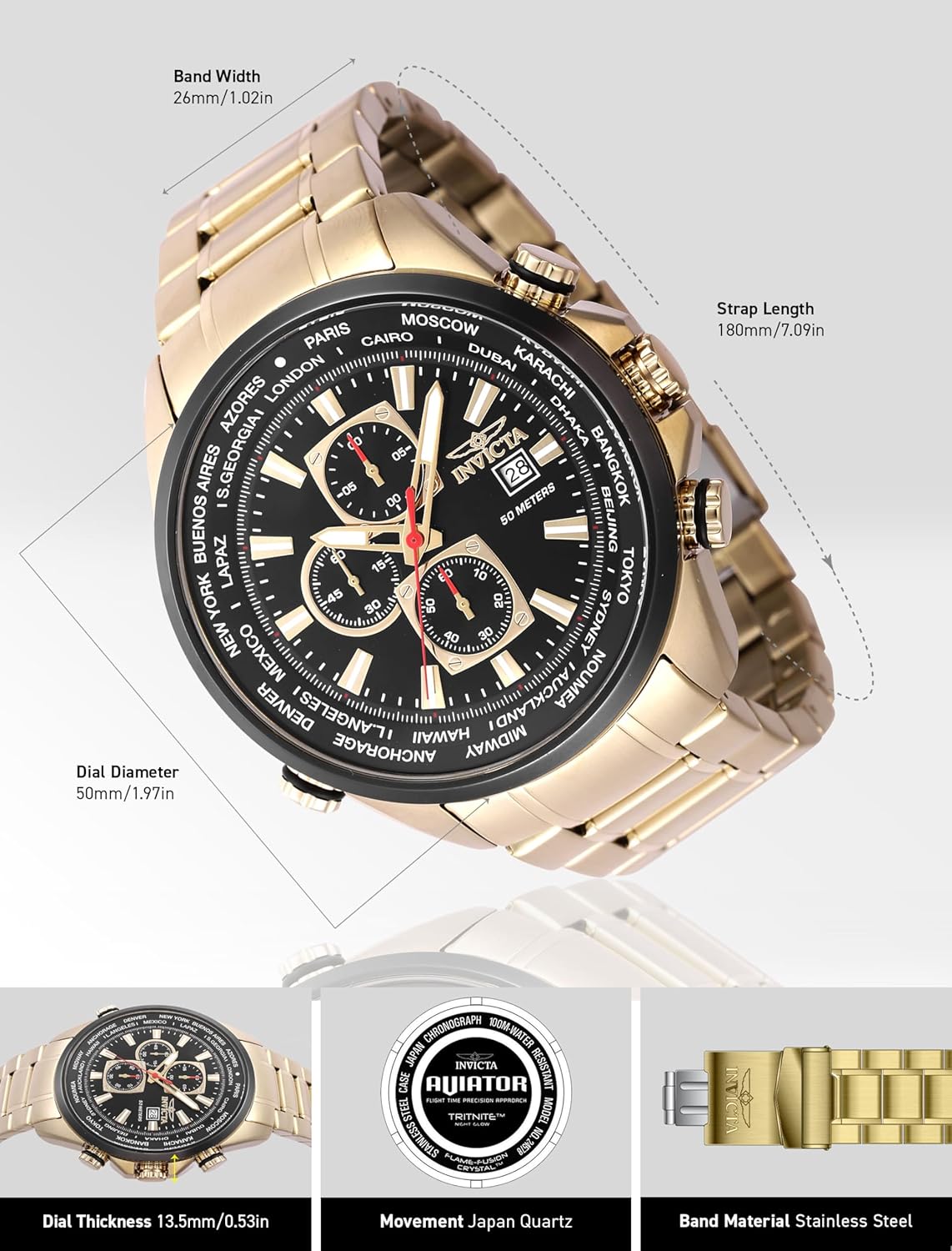 Thumbnail 2 de Invicta Aviator 47819 : montre homme à quartz en acier inoxydable, boîtier 50 mm