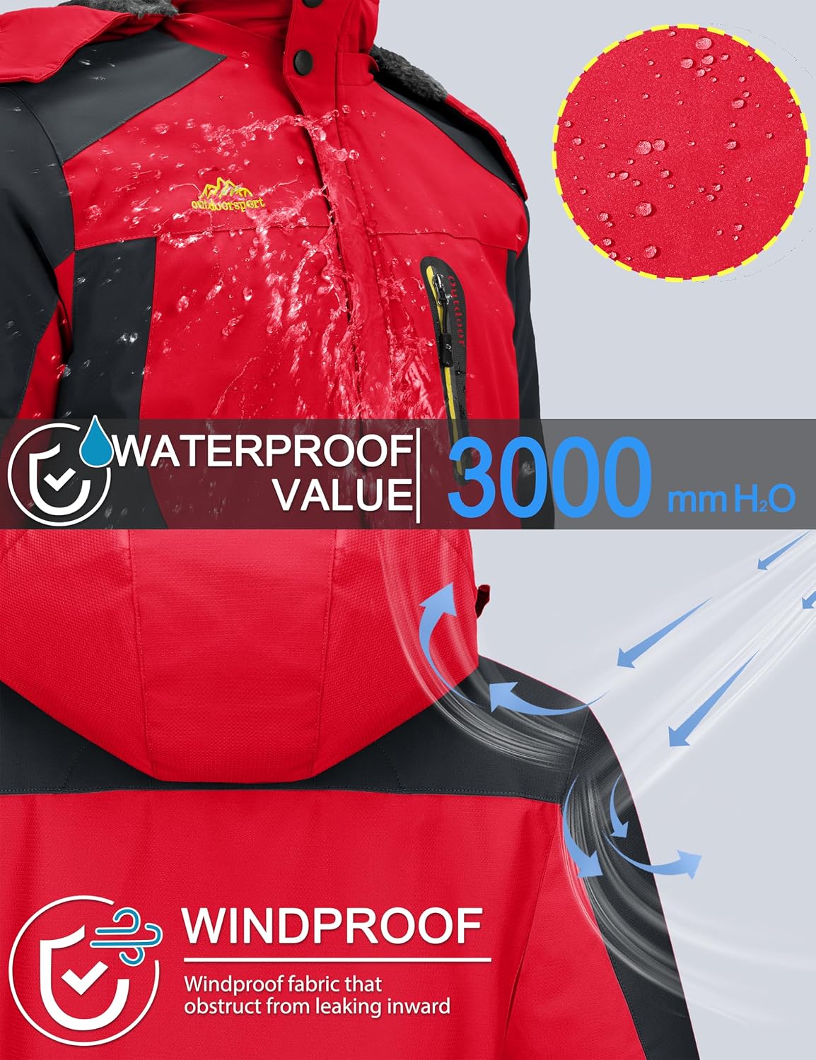 Detalle 2 de TACVASEN Men's Waterproof Fleece-Lined Winter Ski Jacket with Multi-Pocket Design