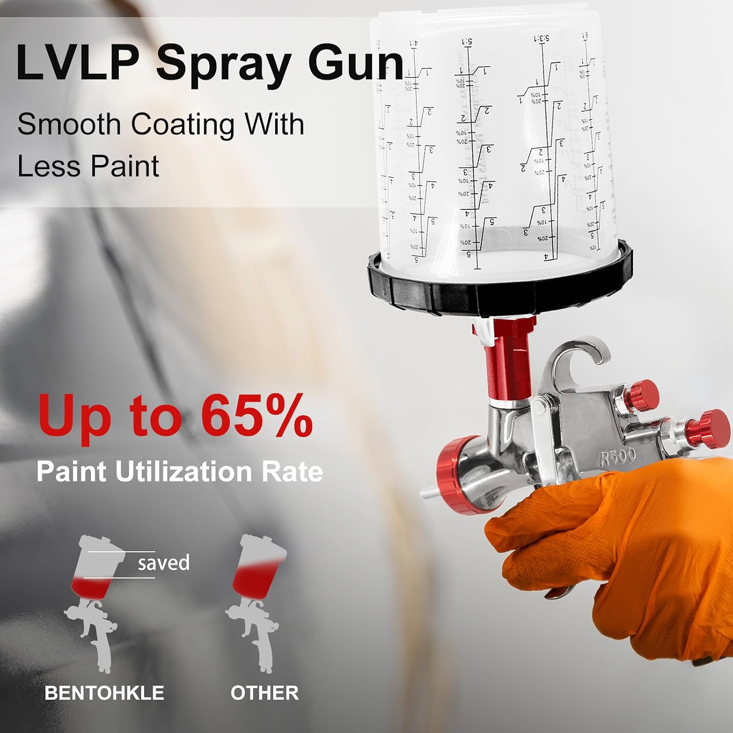 Detalle 2 de BENTOHKLE R500 LVLP Air Spray Gun with 650 mL Cup, 4 Nozzles and 10 Disposable Cups