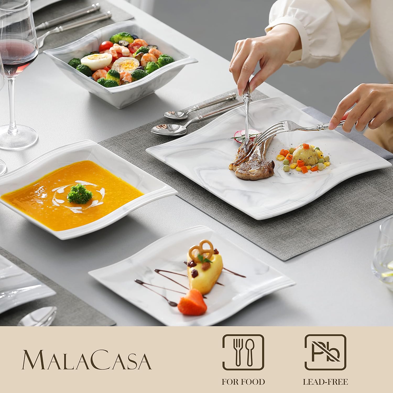 Detalle de MALACASA Flora 30-Piece Marble Grey Porcelain Dinnerware Set for 6