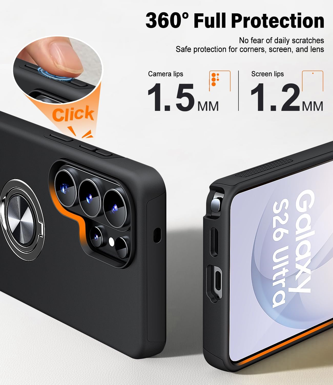 Detalle de AOUIA S26 Ultra Case with 2-Pack Screen Protectors and Rotating Ring Stand for Samsung Galaxy S26 Ultra
