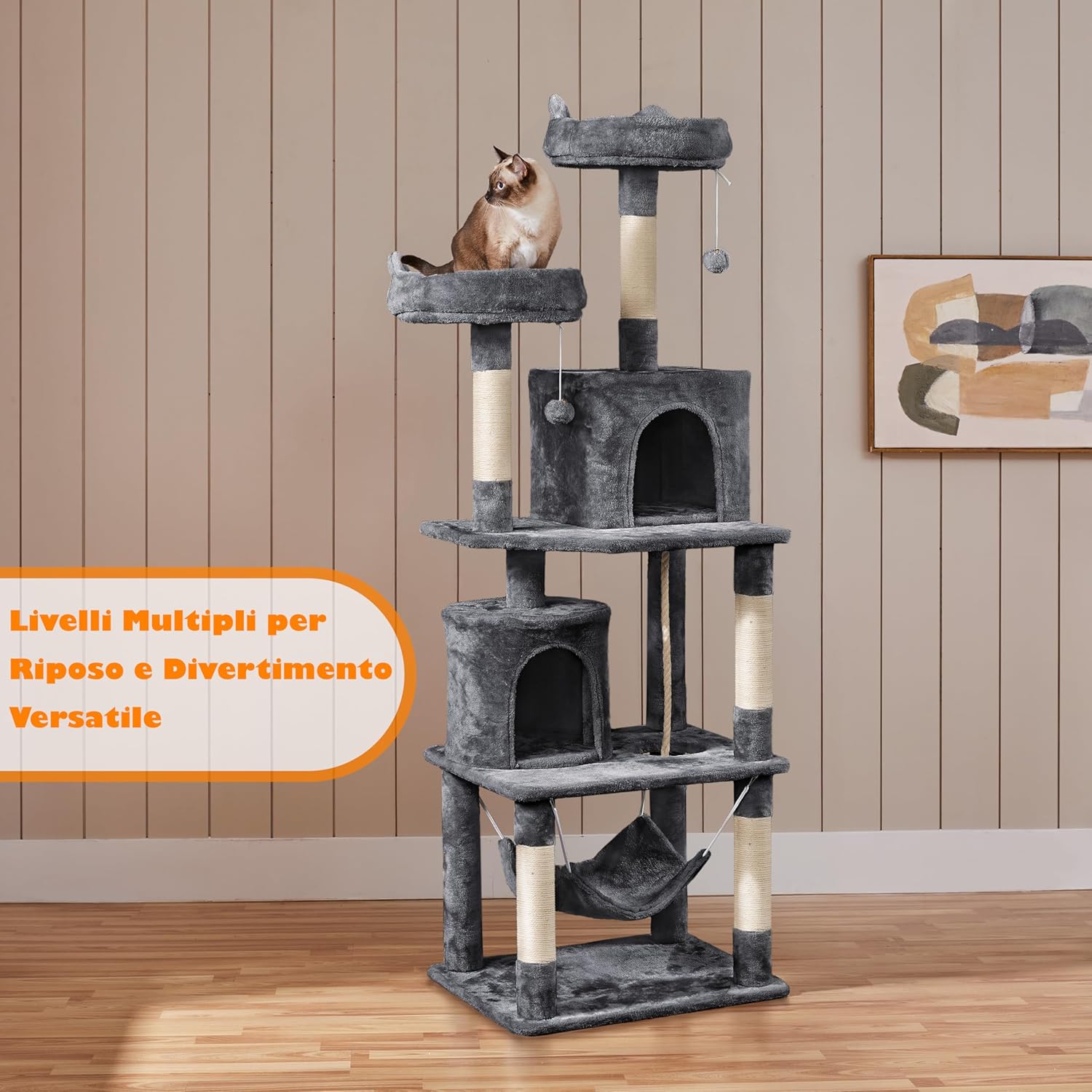 Thumbnail 5 de Yaheetech Albero tiragraffi per gatti adulti grandi con 2 palle e sisal grigio scuro (179 cm)