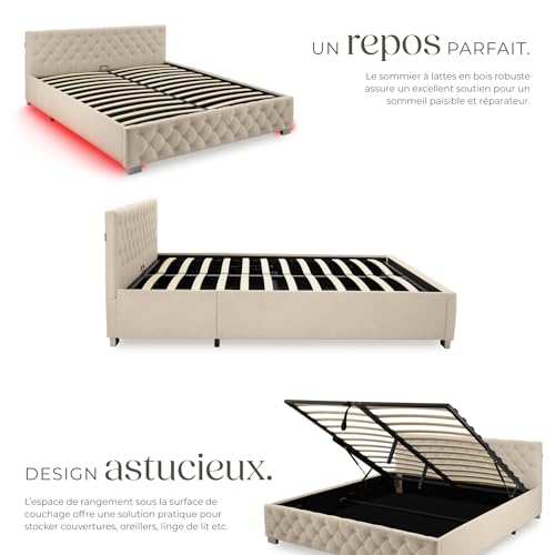 Thumbnail 3 de tectake lit capitonné 180x200 avec sommier et coffre – lit double élégant avec LED et cadre en acier laqué époxy