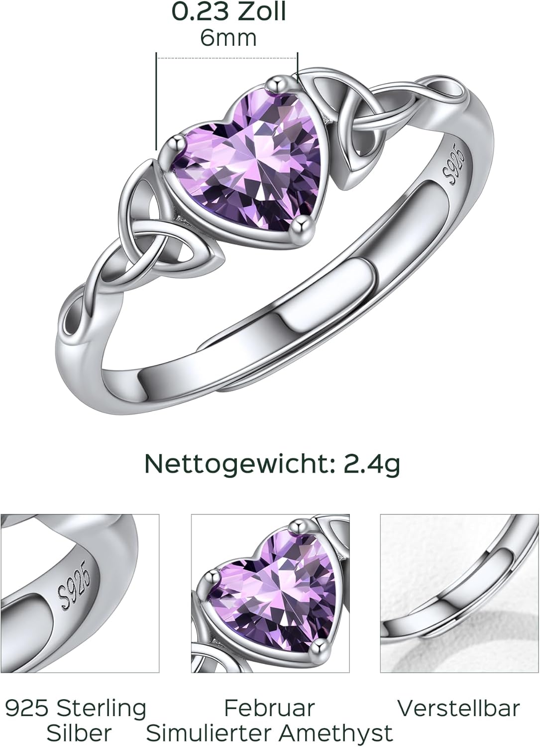 Thumbnail 5 de ChicSilver ChicSilver Ring 925 Silber Damen – verstellbarer Herz-Geburtsstein-Ring mit keltischem Knot & Zirkonia