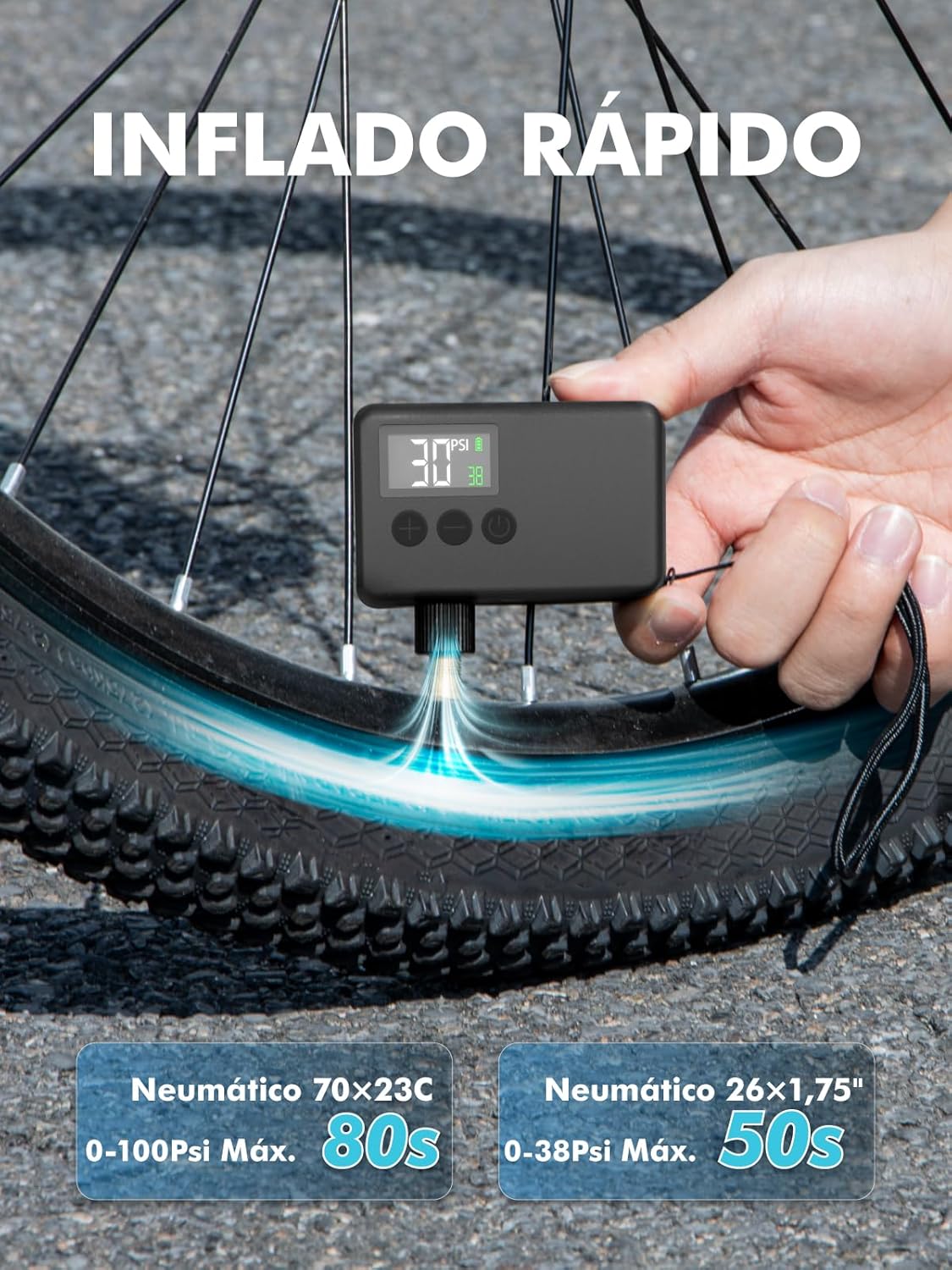 Detalle 2 de GPUTEK Bomba Eléctrica para Bicicletas 🚲, Alta Presión 120 PSI