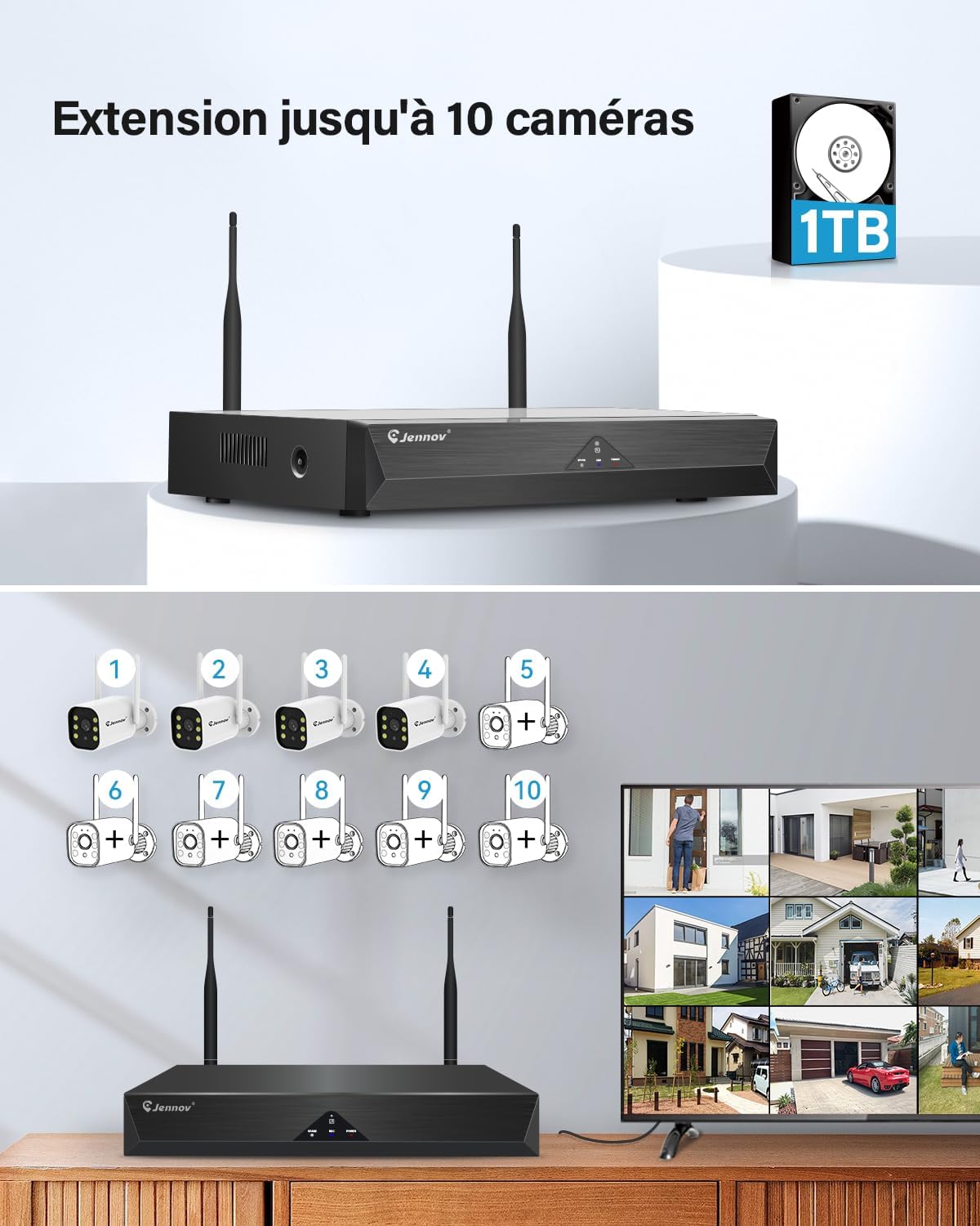 Thumbnail 6 de Jennov Kit de Surveillance WiFi Extérieur 5MP — 10CH NVR + 4 Caméras 120° avec Audio et Vision Nocturne en Couleur