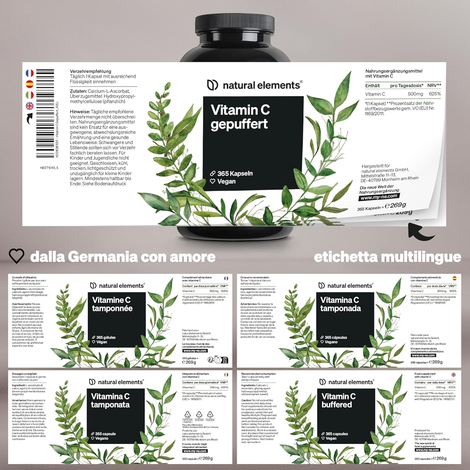 Detalle de Vitamina C tamponata 500 mg Natural Elements – 365 capsule vegane, altamente digeribile