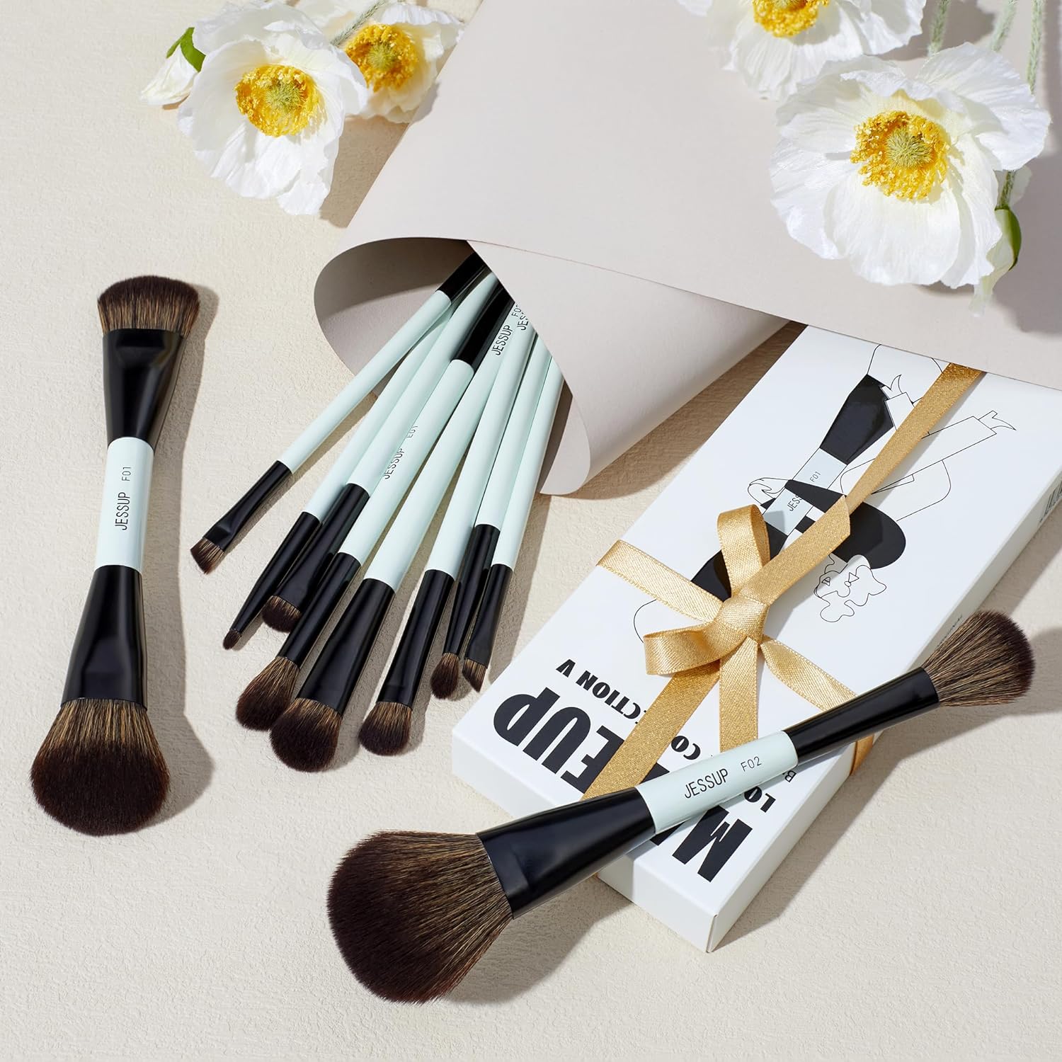 Detalle de Jessup Profi Duo-End Makeup Pinselset (10-tlg.) für Gesicht & Augen – Hellcyan T500