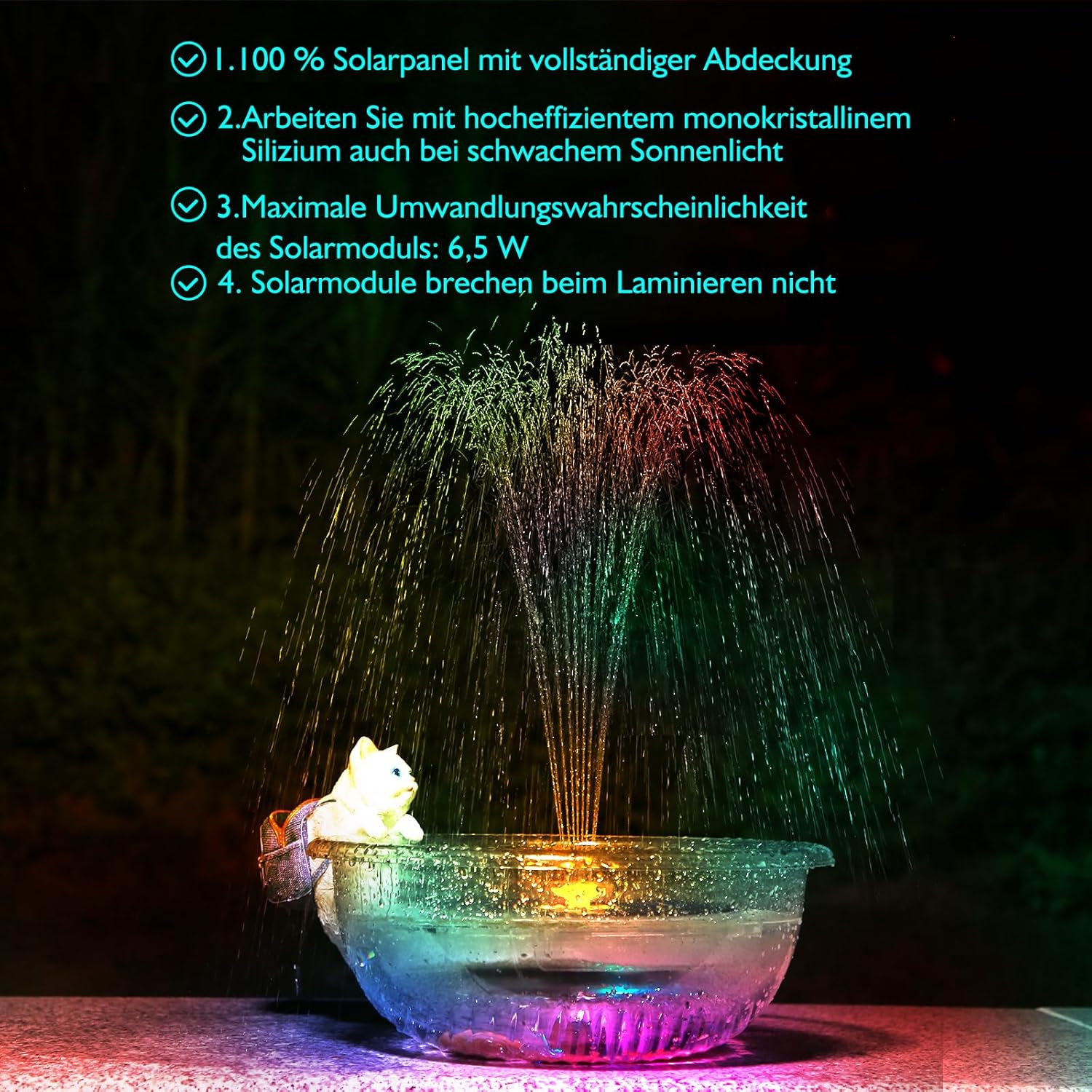 Thumbnail 1 de AISITIN 6,5W LED Solarbrunnen – Verstellbare Stützstange, 3000mAh Akku, buntes LED-Display für Vogelbad & Gartenteich