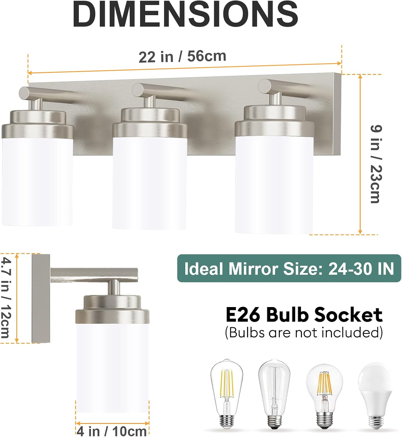 Detalle de IZORRO HL101-3T-Ni-WT Bathroom Vanity Light, 3-Light Brushed Nickel