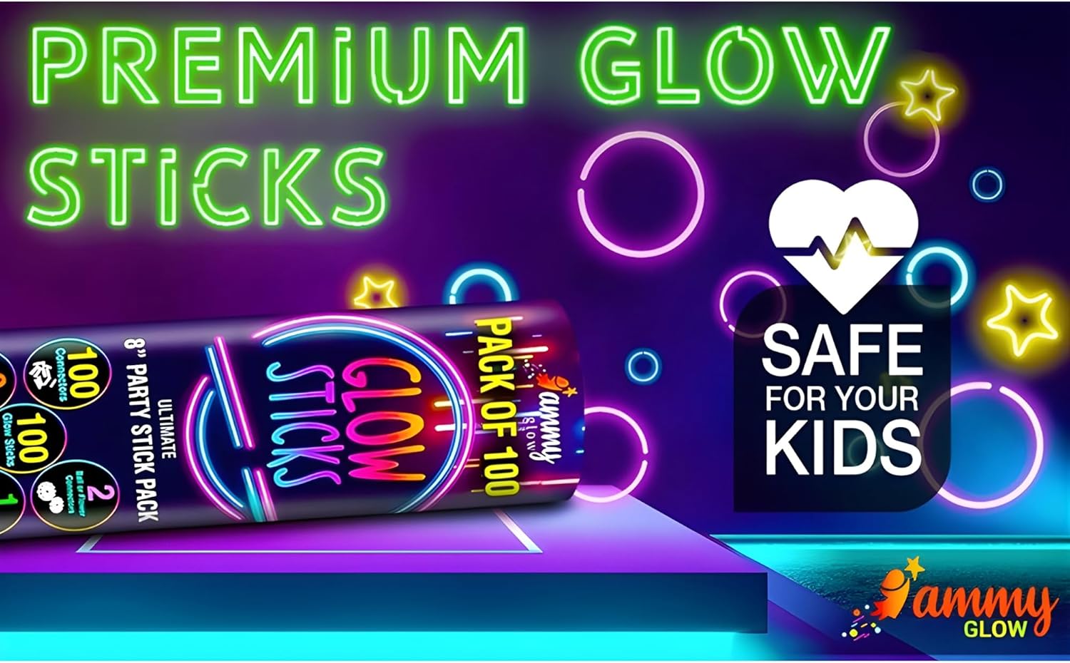 Thumbnail 5 de Ammy Glow Glow Sticks (205 Pcs Kit) Bulk Party Pack with Connectors & Glasses