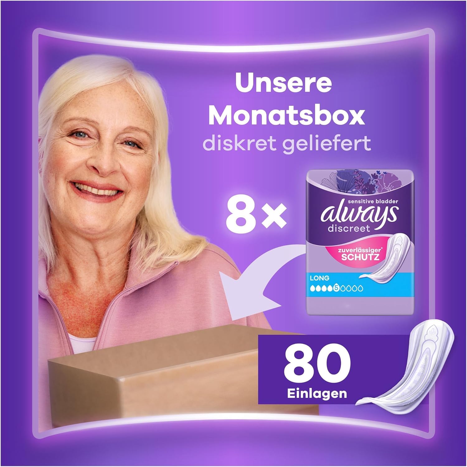 Detalle de Always Discreet Inkontinenzeinlagen für Frauen Long 80 Stück – Rundumschutz mit ultra‑dünnem RapidDry-Kern