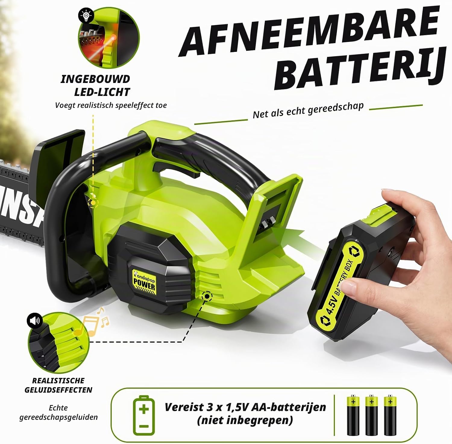 Detalle 1 de Pandapop T2039 speelgoedkettingzaag met twee zaagkoppen, licht en geluid