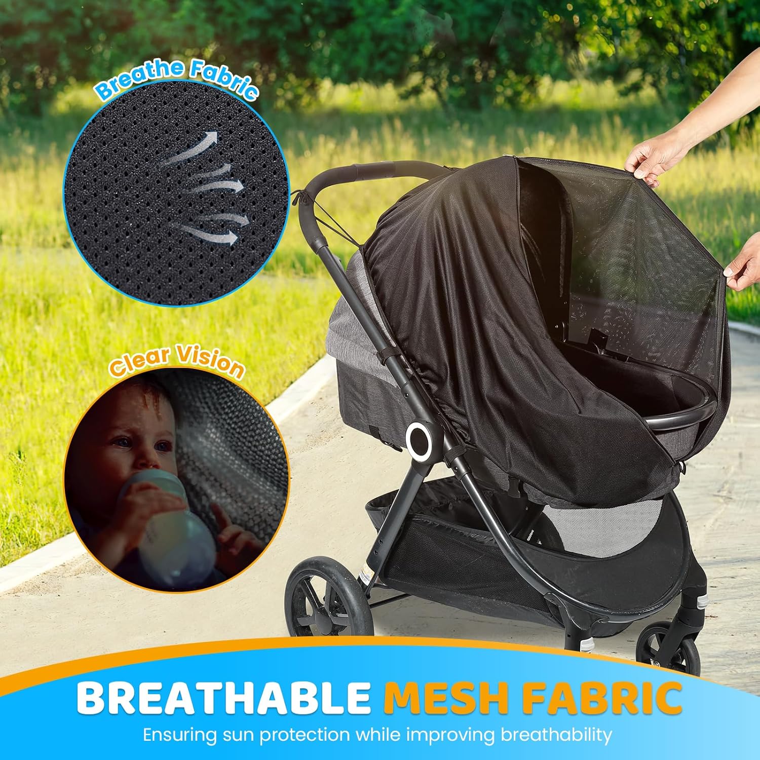 Detalle 2 de Orzbow Pram Sun Shade (Universal, Breathable) with Two-Way Zip – UPF 50+ UV protection, black