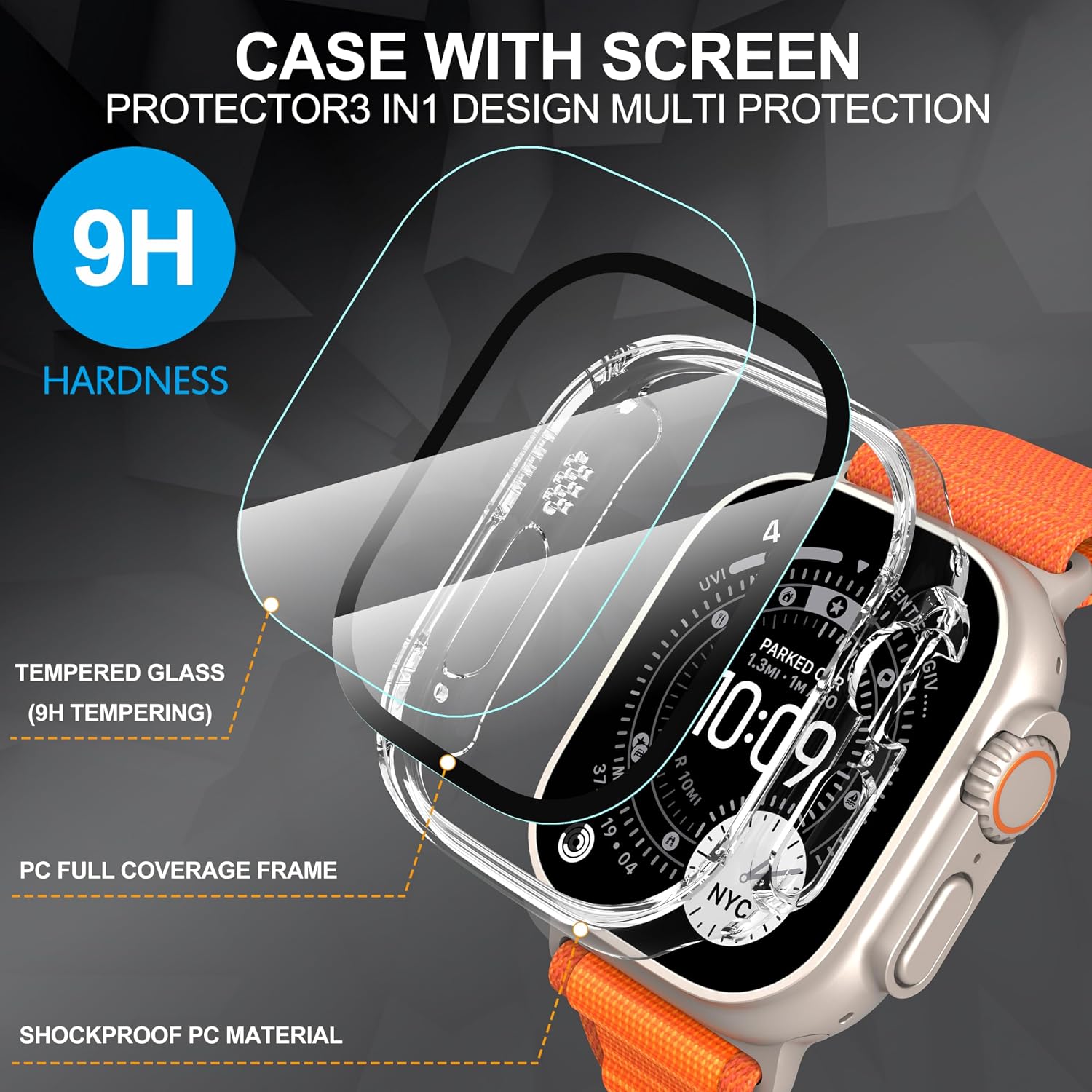 Detalle de Diruite 2-Pack Screen Protector Case for Apple Watch Ultra 3/2/1 49mm – Tempered Glass with Hard Matte PC Cover
