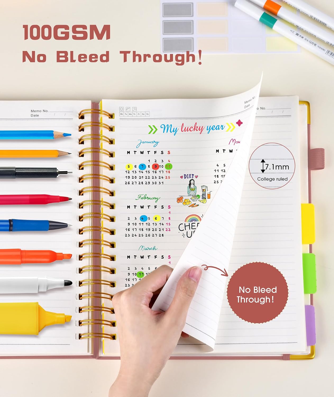 Thumbnail 5 de dilitego 8" x 10" Hardcover Spiral Notebook, 5 Subjects, 300 Pages, Rose Gold