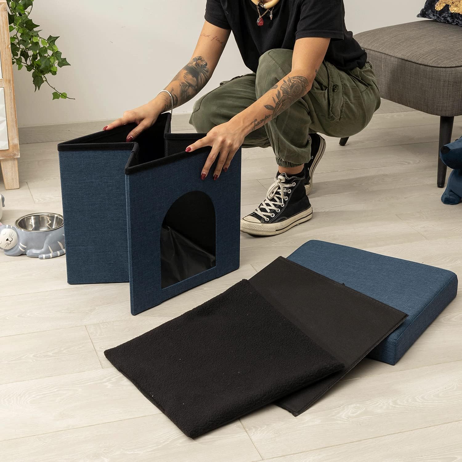 Detalle de Baroni Home Cuccia Cane, Cuccia Gatto e Pouf Pieghevole Blu 38x38x38 cm
