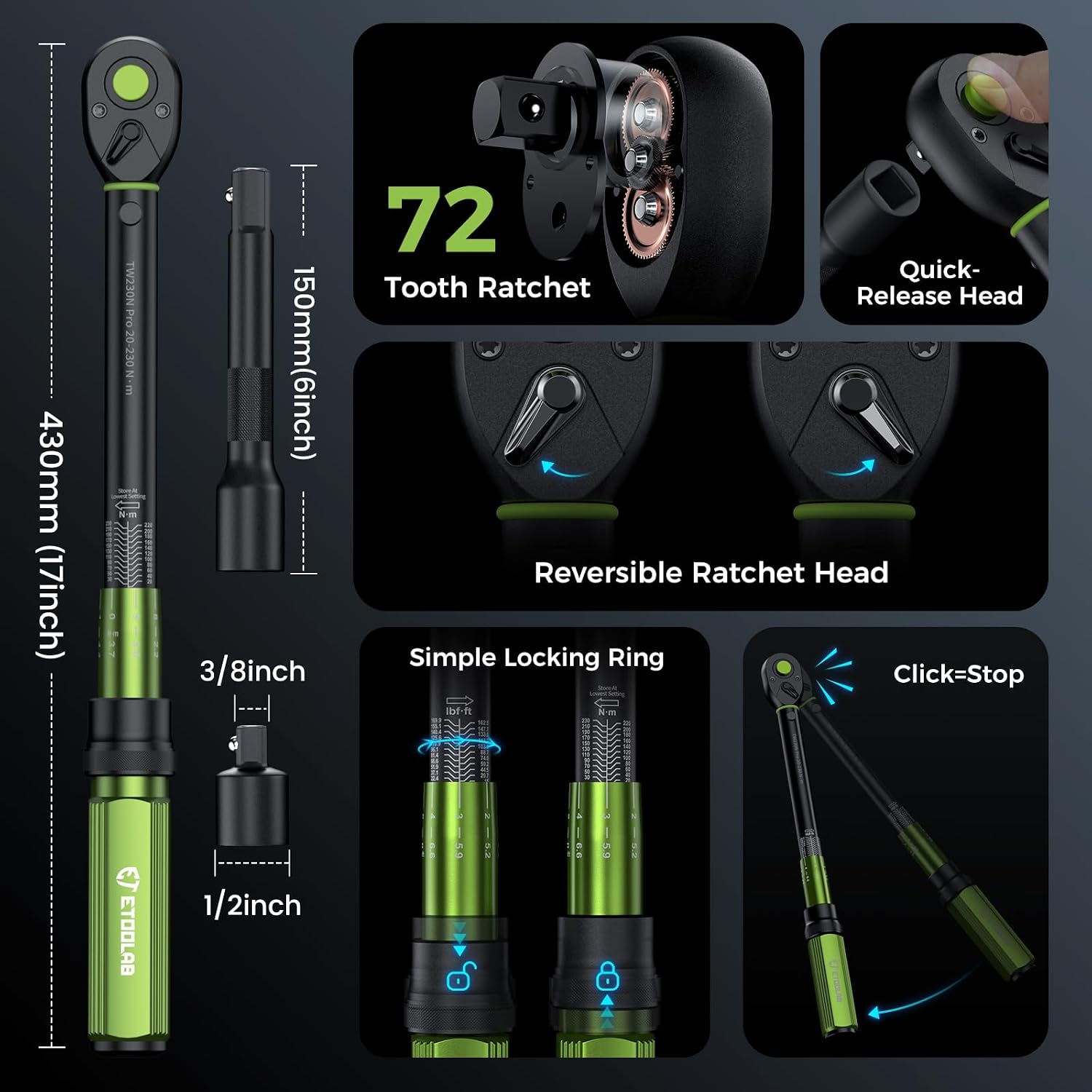 Detalle de ETOOLAB 1/2" Drehmomentschlüssel Auto (20–230 Nm, ±3%) mit 72-Zahn-Umschaltknarre